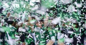 The Saskatchewan Roughriders celebrate their Grey Cup victory