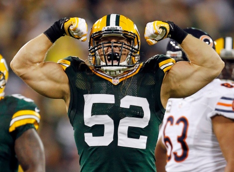 Green Bay Packers' Clay Matthews reacts after sacking Chicago Bears quarterback Jay Cutler during the first half of an NFL football game Thursday, Sept. 13, 2012, in Green Bay, Wis. (AP Photo/Mike Roemer)